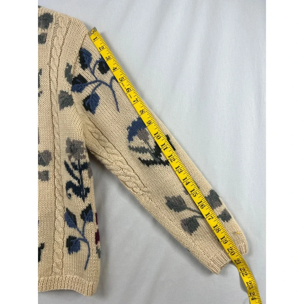Talbots Cardigan Sweater Women Petite P Beige Floral Hand Knit 100% Wool Cable